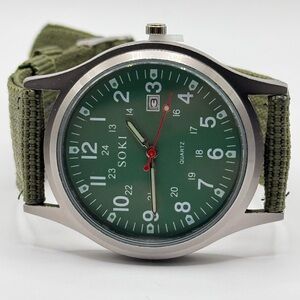 New Soki Canvas Green Face, Military Watch, Date Display, Men's (New Battery)